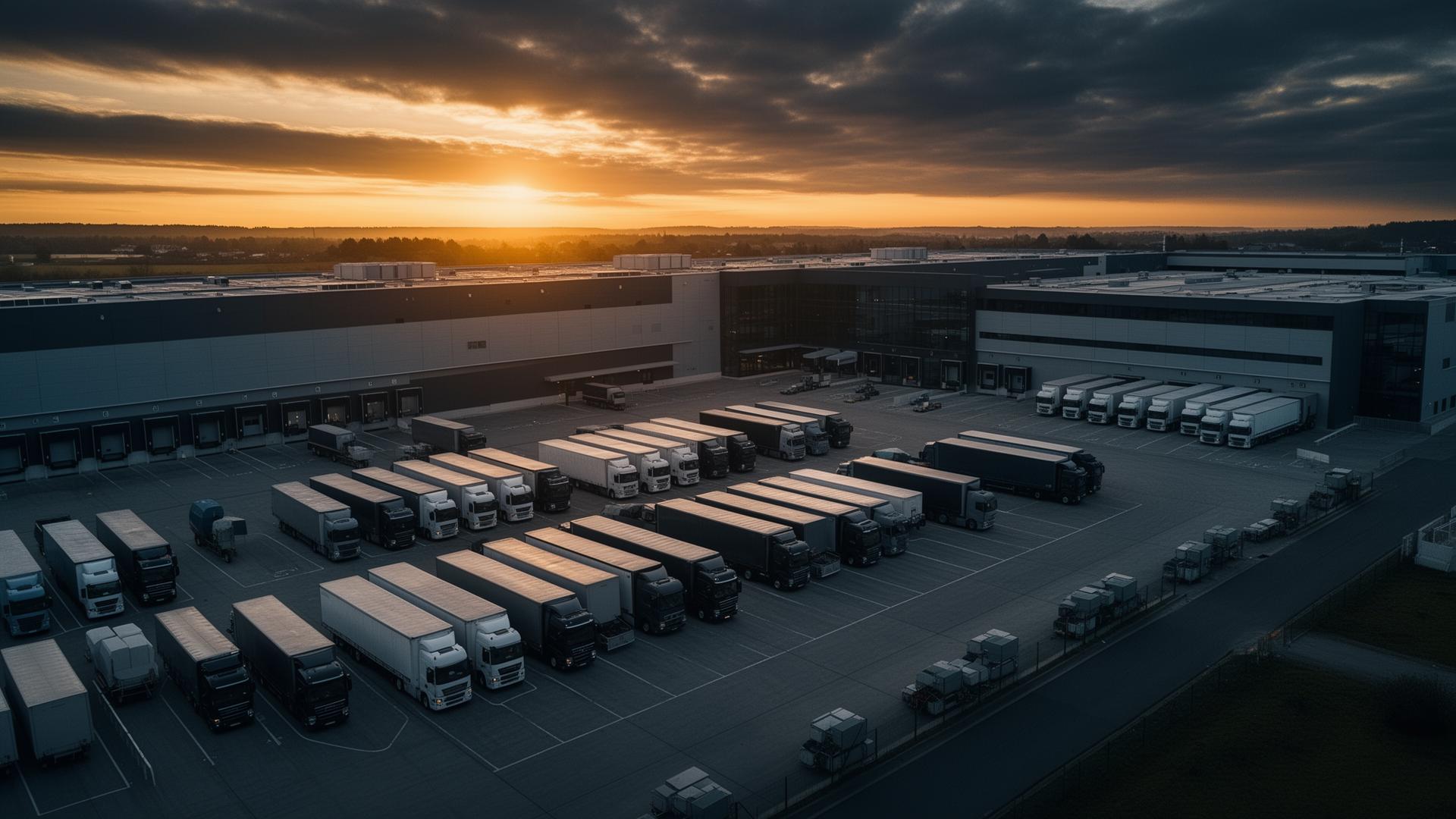 Flotte de poids lourds dans un centre logistique
